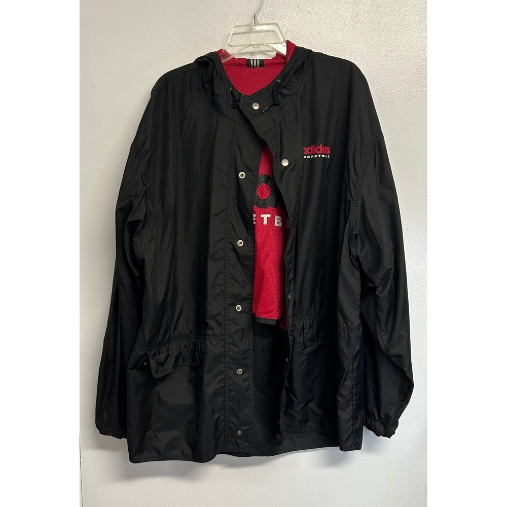 Vintage Adidas Basketball Reversible Hooded Windbreaker Jacket Black Red Mens